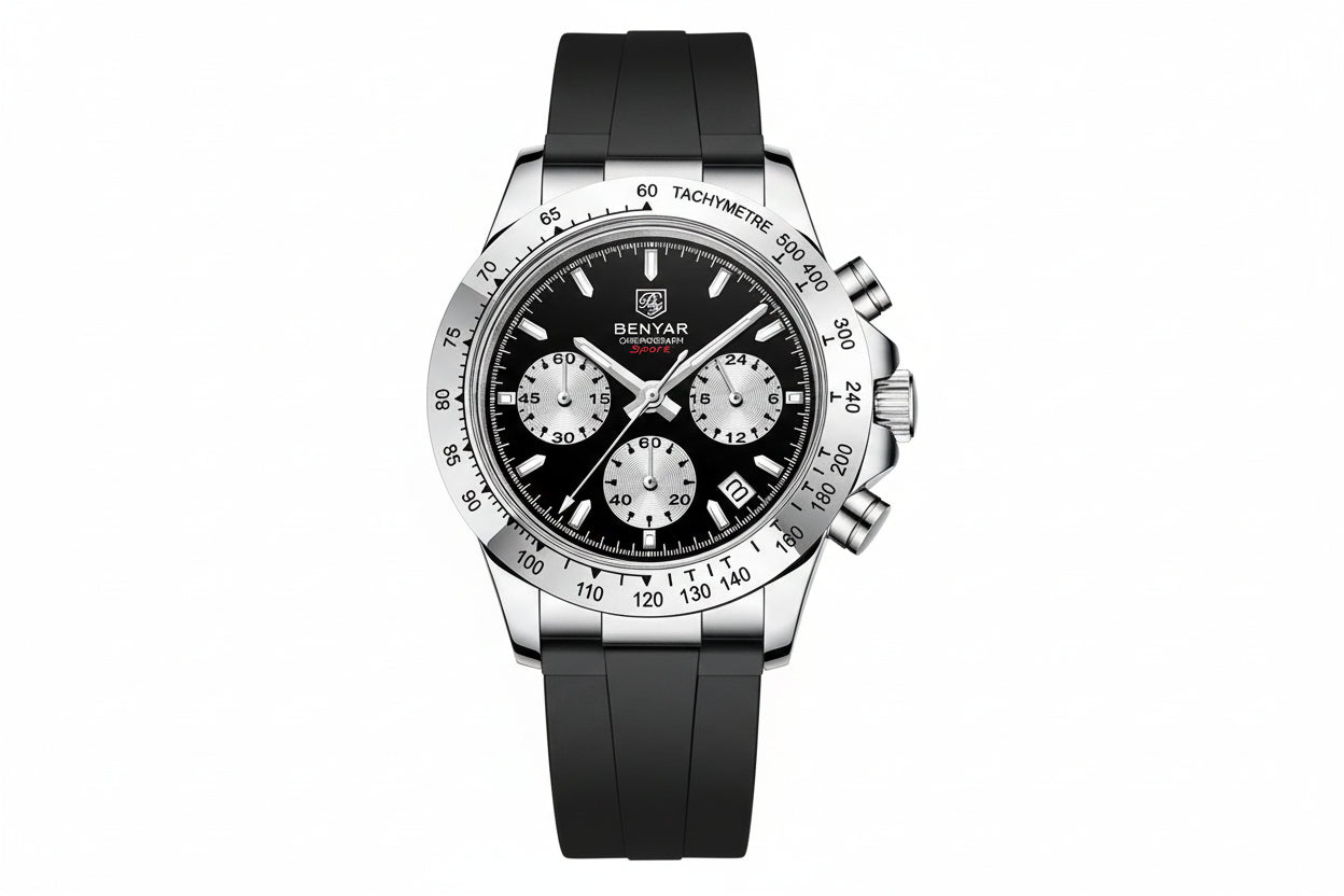 BENYAR BY-5192 Men's Quartz Watch Silicone Strap with black dial, shown on wrist
