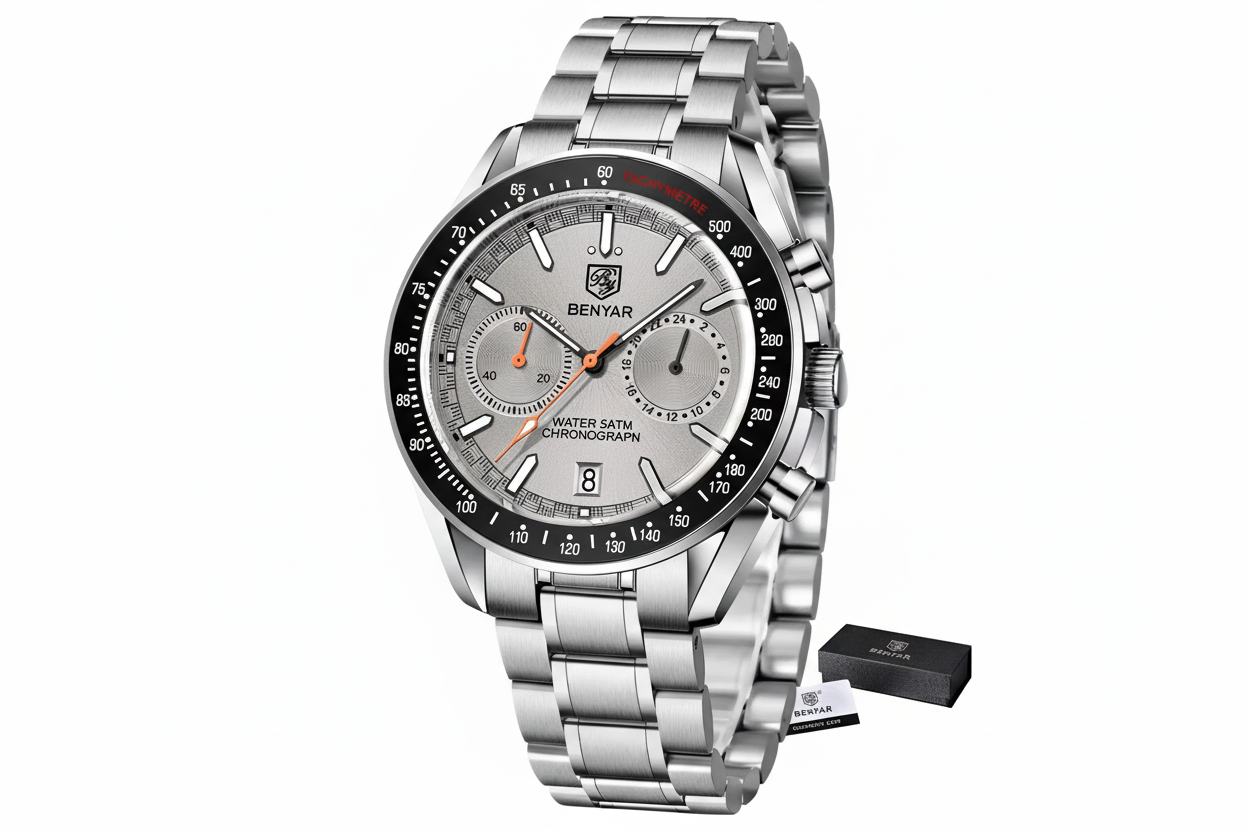 BENYAR BY-5194 Men's Quartz Chronograph Watch with grey dial, lifestyle shot