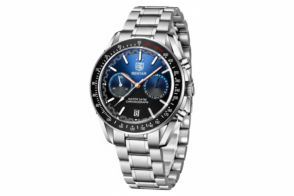 BENYAR BY-5194 Men's Quartz Chronograph Watch with silver blue dial