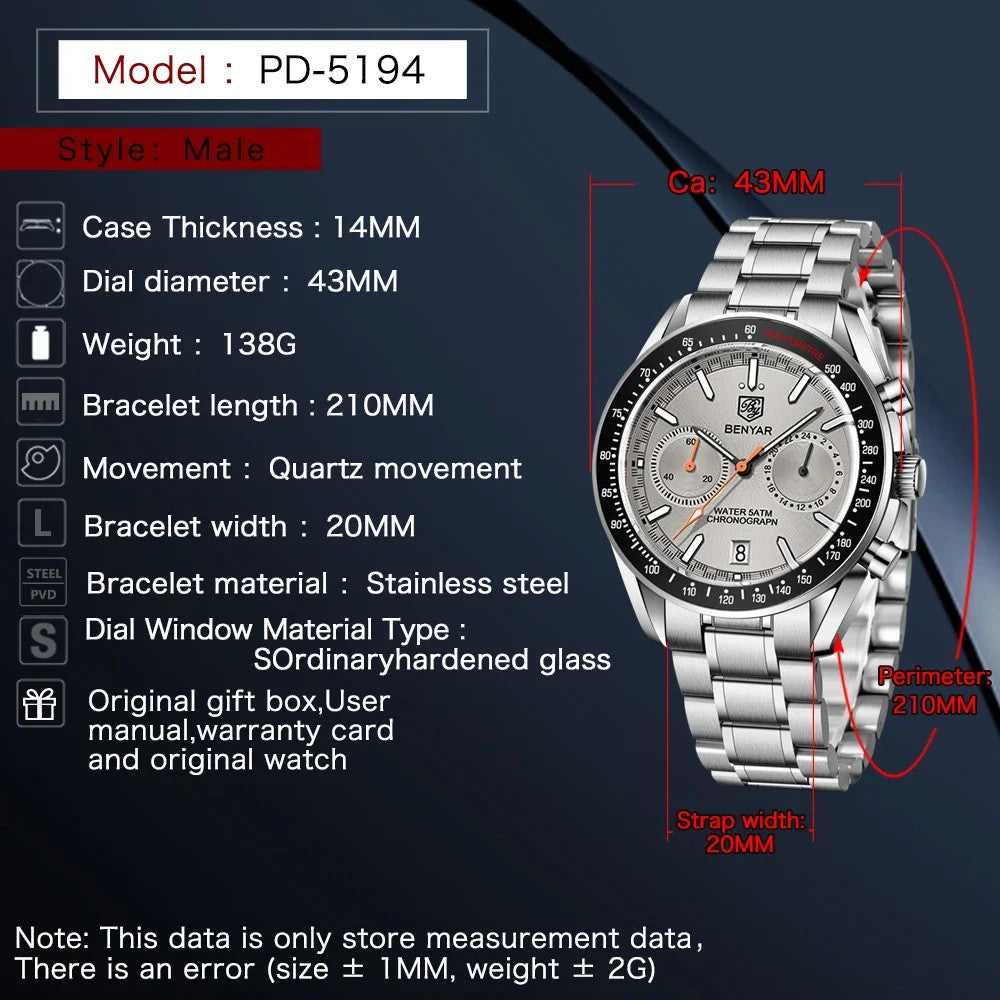 BENYAR BY-5194 Men's Quartz Chronograph Watch, clasp detail