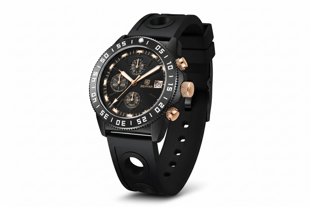 BENYAR BY-5198 Men's Quartz Sports Chronograph Watch with silicone black dial