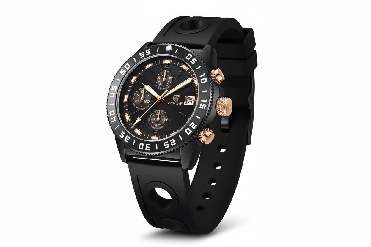 BENYAR BY-5198 Men's Quartz Sports Chronograph Watch with silicone black dial