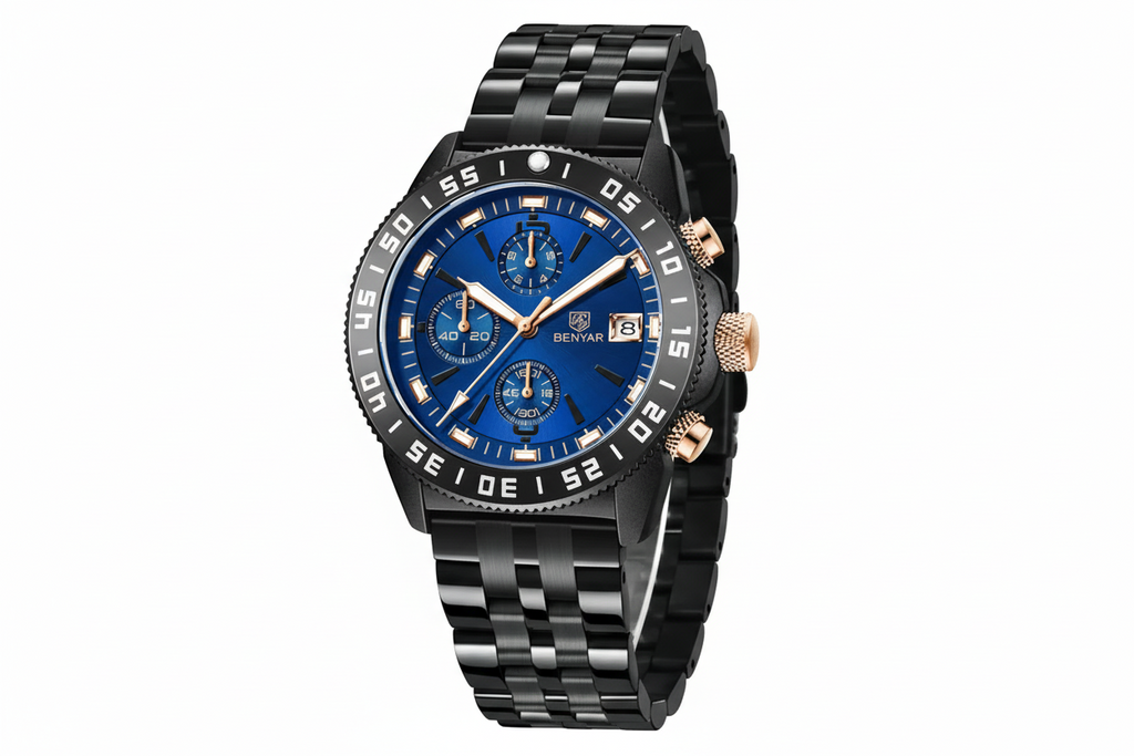 BENYAR BY-5198 Men's Quartz Sports Chronograph Watch with steel black blue dial, lifestyle shot