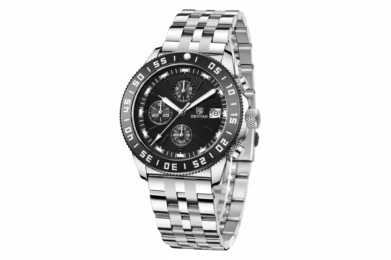 BENYAR BY-5198 Men's Quartz Sports Chronograph Watch with steel silver black dial