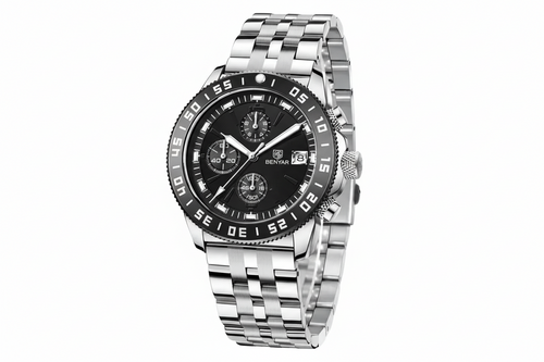 BENYAR BY-5198 Men's Quartz Sports Chronograph Watch with steel silver black dial