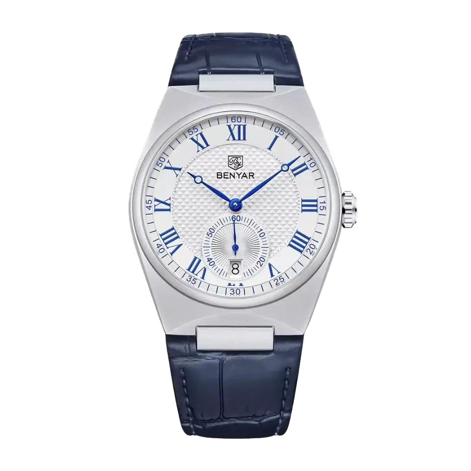 BENYAR 5199 Simple Calendar with blue silver dial, angled view