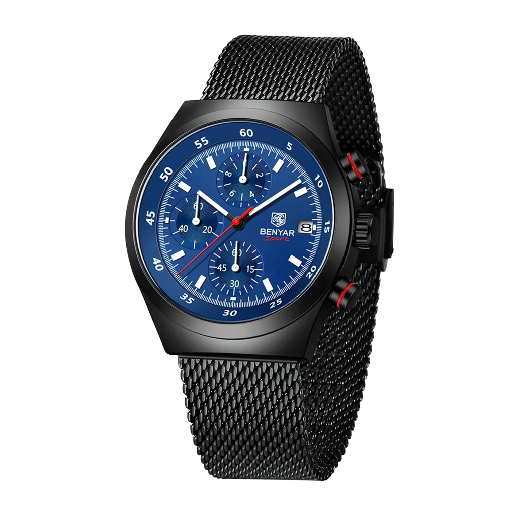 BENYAR BY-5200 43MM Men's Chronograph Watch with black blue dial, lifestyle shot
