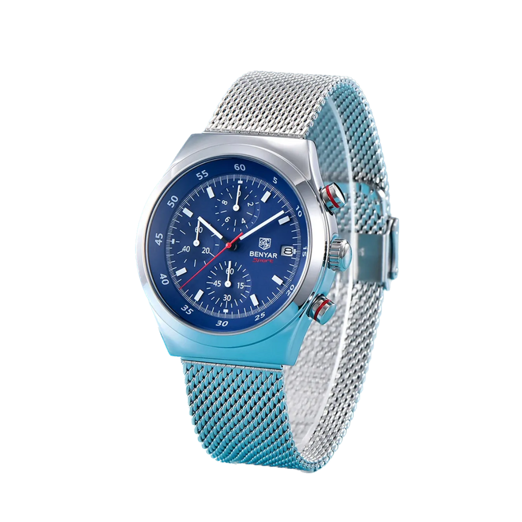 BENYAR BY-5200 43MM Men's Chronograph Watch with silver blue dial