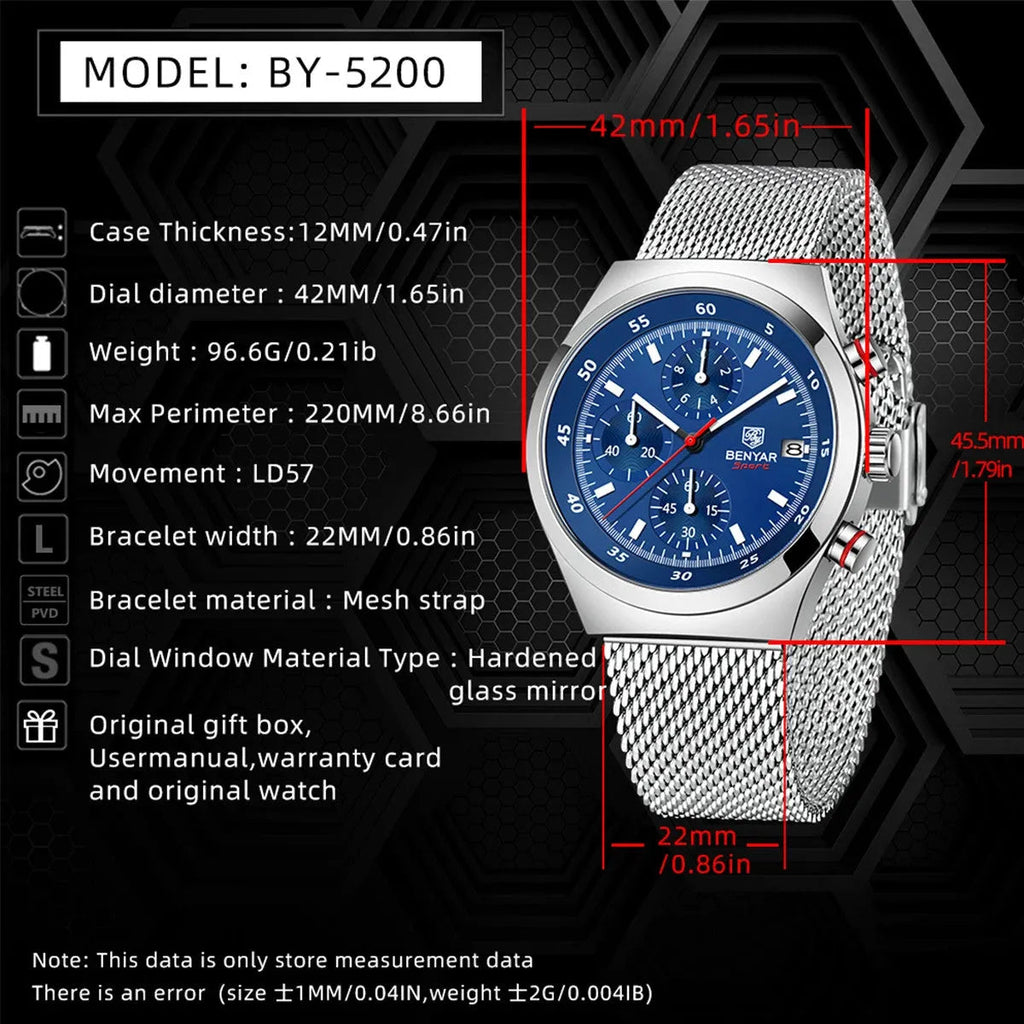 BENYAR BY-5200 43MM Men's Chronograph Watch, shown on wrist
