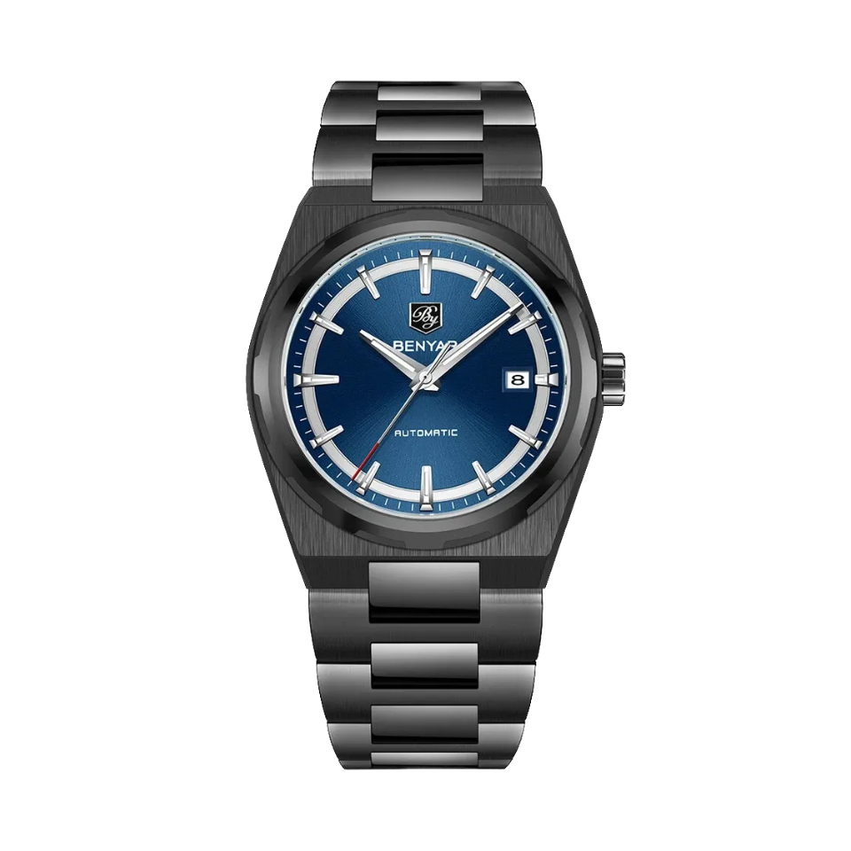Benyar BY-5203 automatic watch with blue dial and black case front view