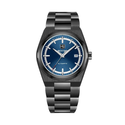 Benyar BY-5203 automatic watch with blue dial and black case front view
