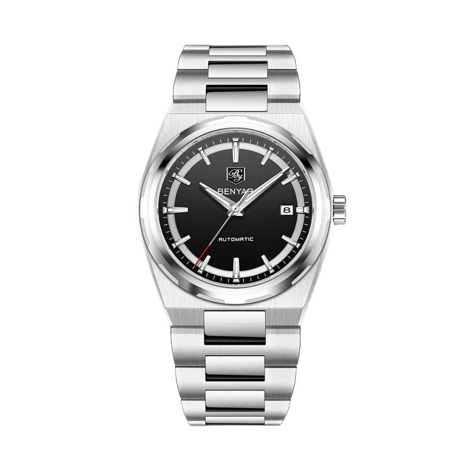 Benyar BY-5203 automatic watch with black dial and silver case front view