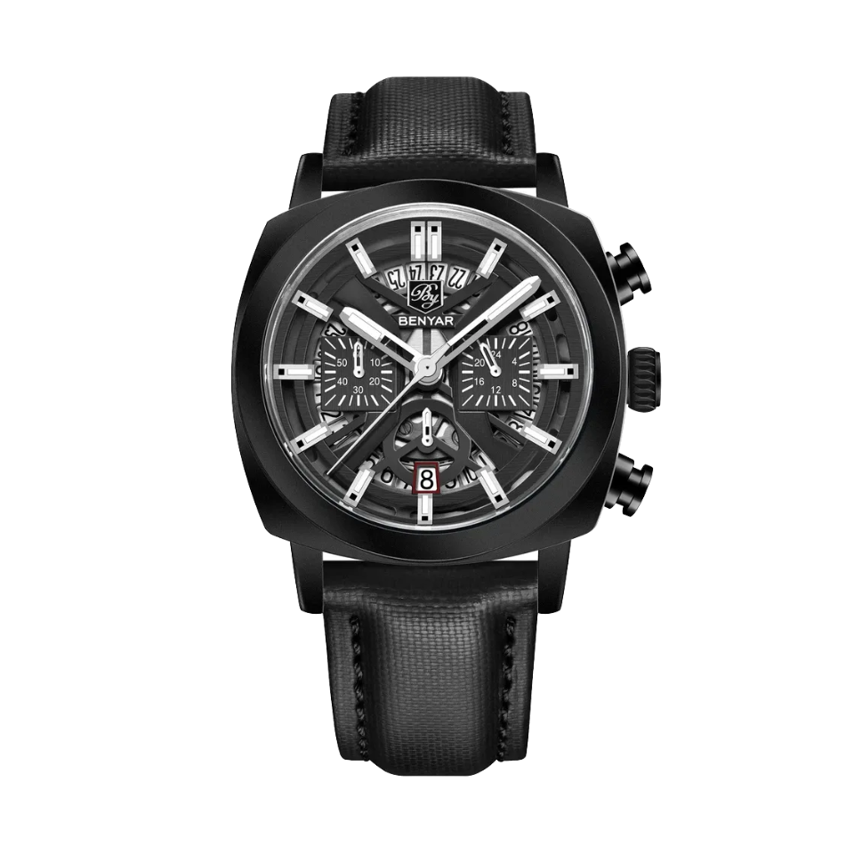BENYAR BY-5205 43MM Chronograph with black dial, angled view