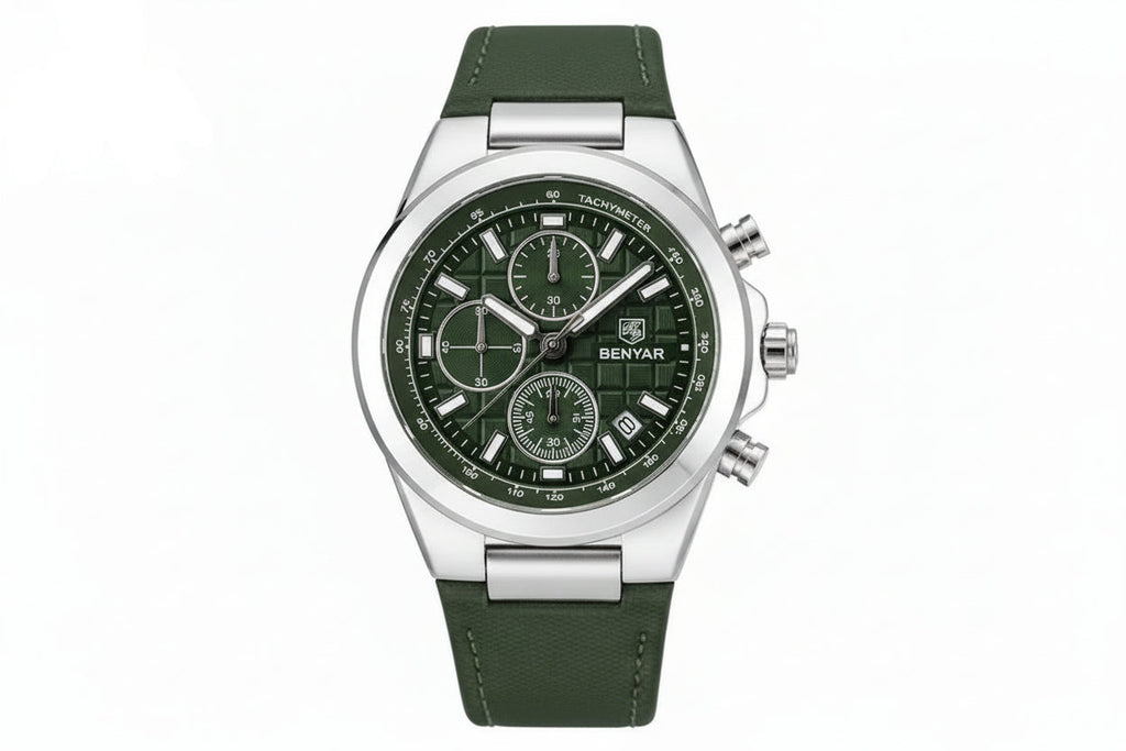 BENYAR BY-5206 Men's Quartz Chronograph Watch - Leather with green dial