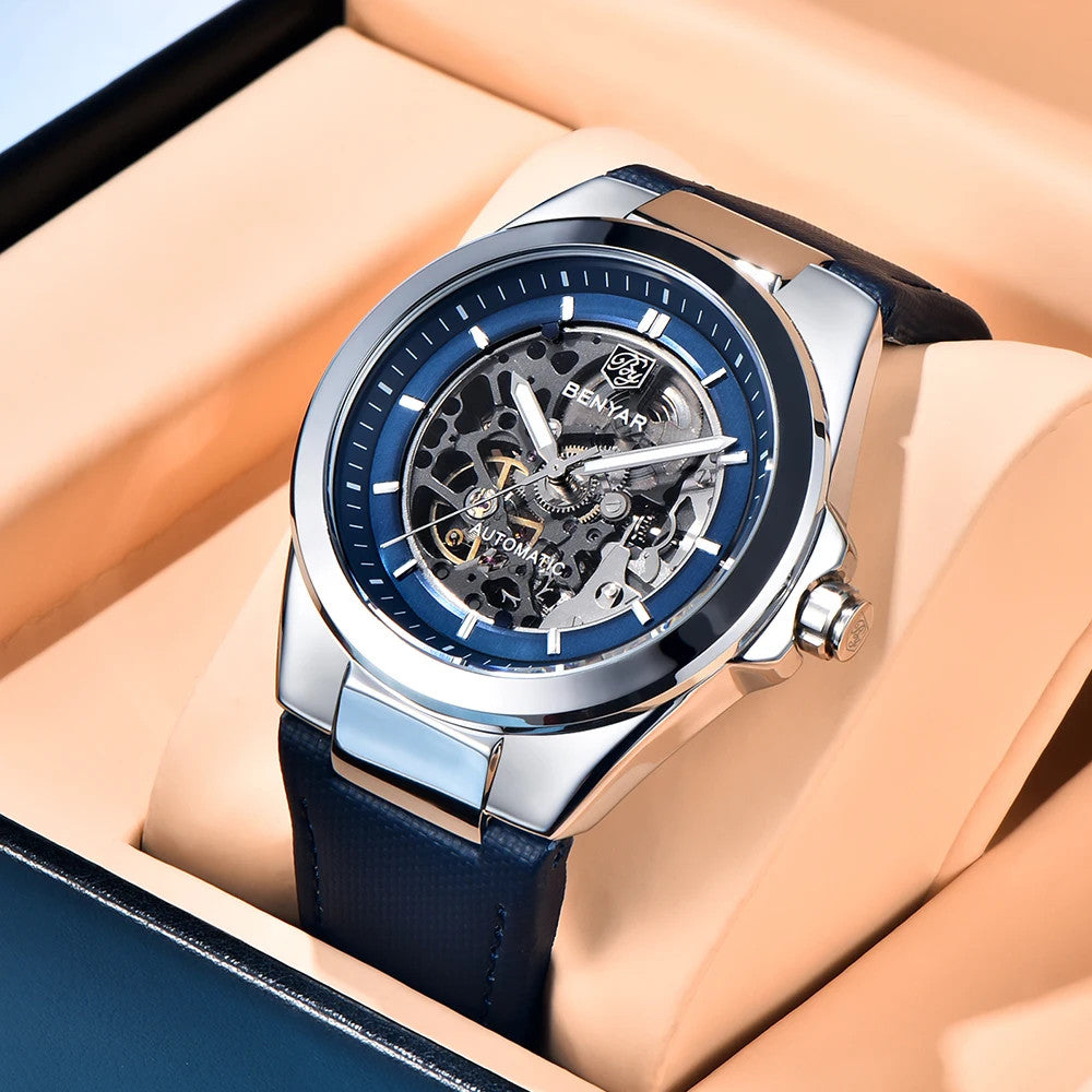 BENYAR BY-5207 42MM Hollow Automatic Skeleton Watch, angled view