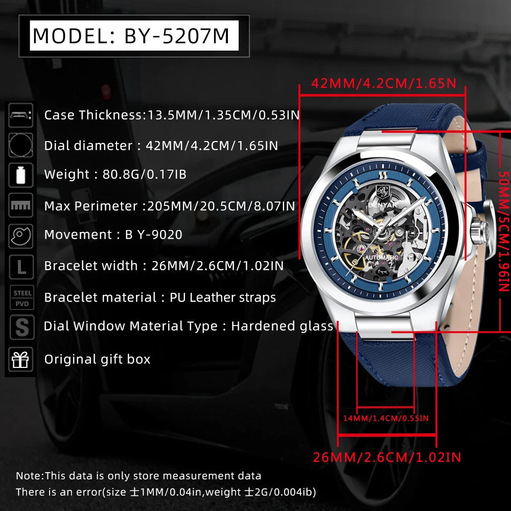 BENYAR BY-5207 42MM Hollow Automatic Skeleton Watch, shown on wrist