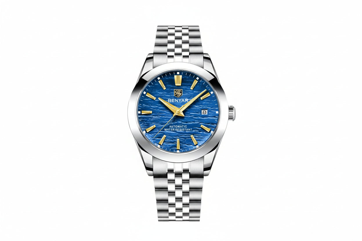 BENYAR BY-5209 Men's Automatic Diver Watch with blue dial, angled view