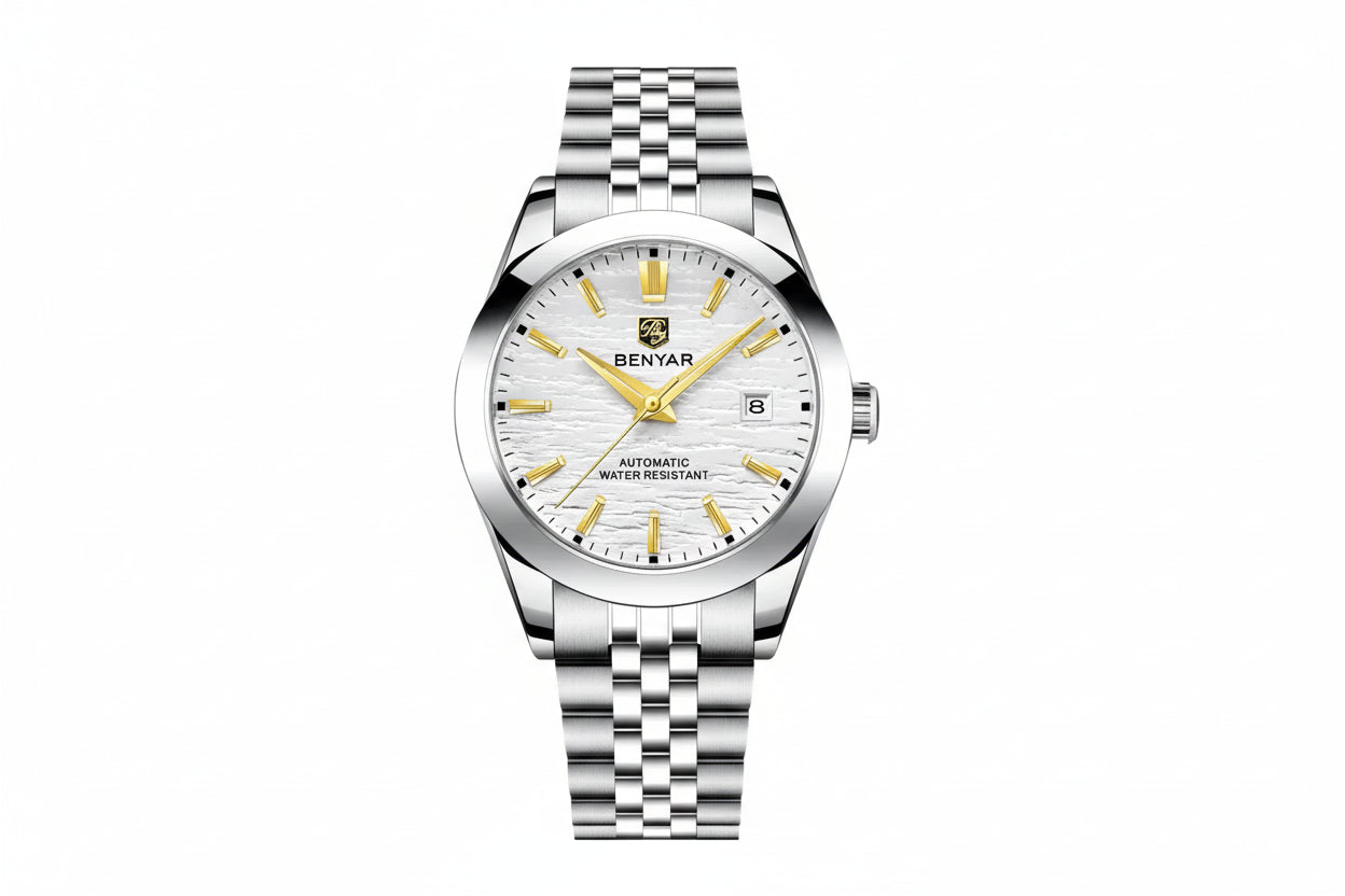 BENYAR BY-5209 Men's Automatic Diver Watch with white dial, detail view