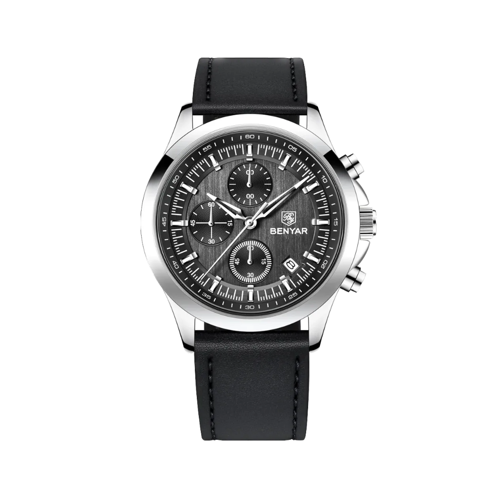 BENYAR BYâ€‘5210 Quartz Chronograph with black leather dial, caseback view