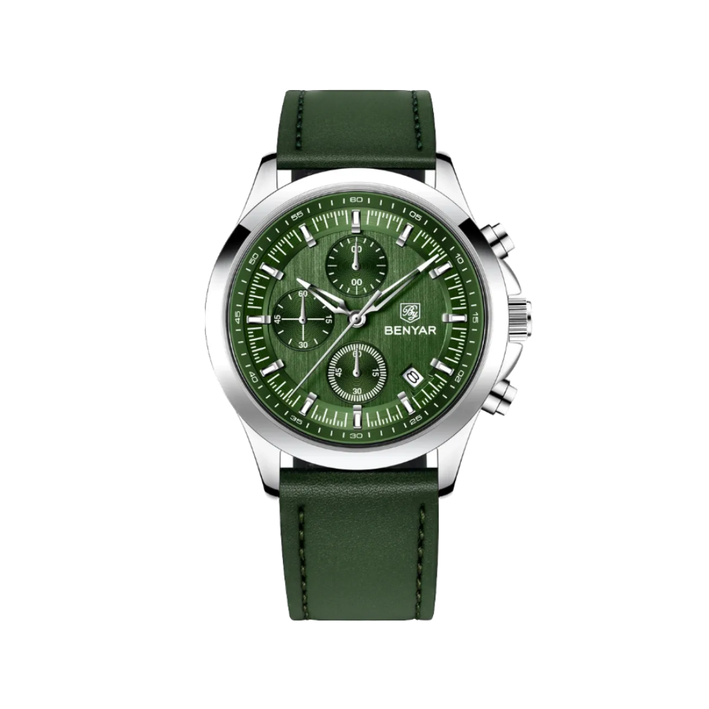 BENYAR BYâ€‘5210 Quartz Chronograph with leather green dial, angled view
