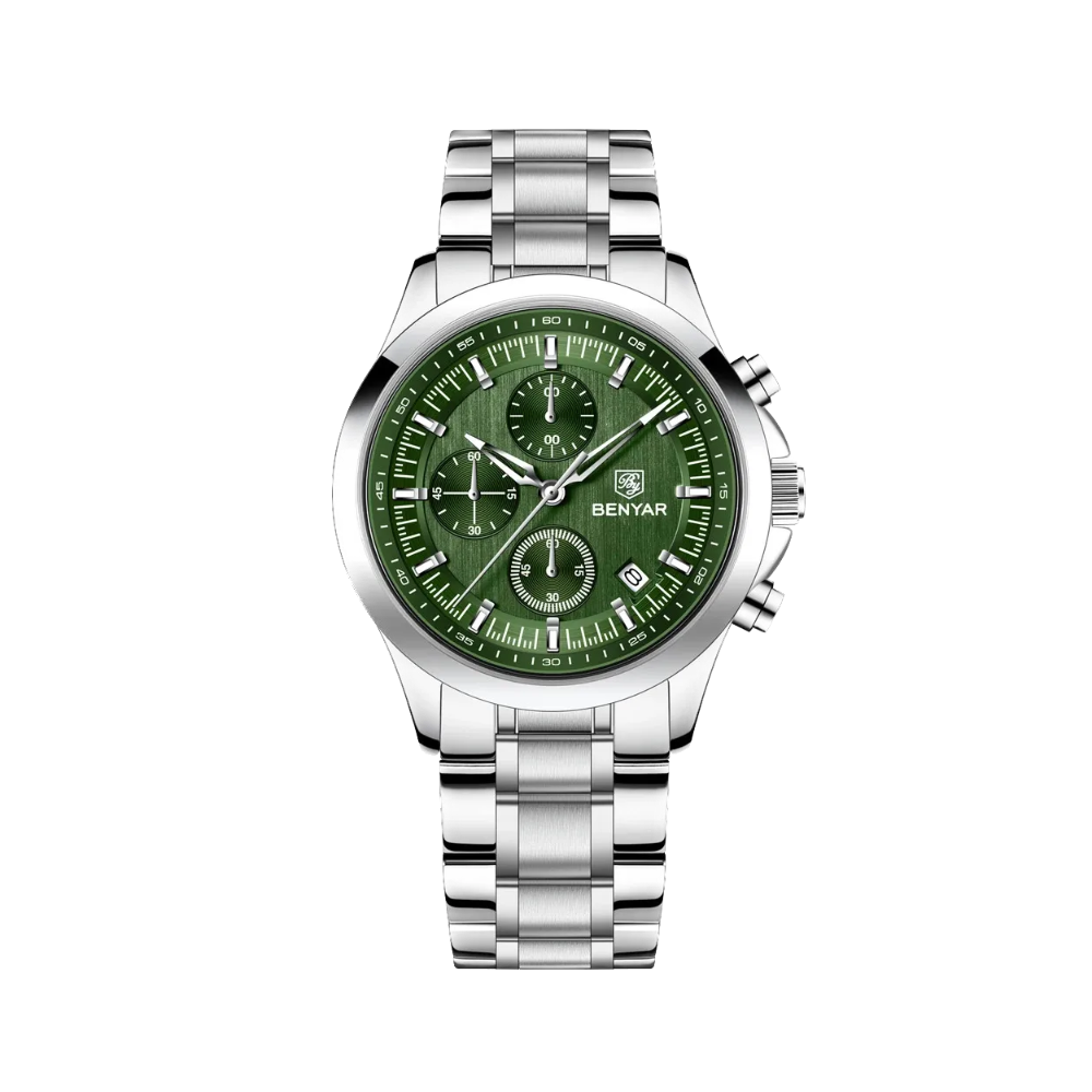 BENYAR BYâ€‘5210 Quartz Chronograph with green dial, clasp detail