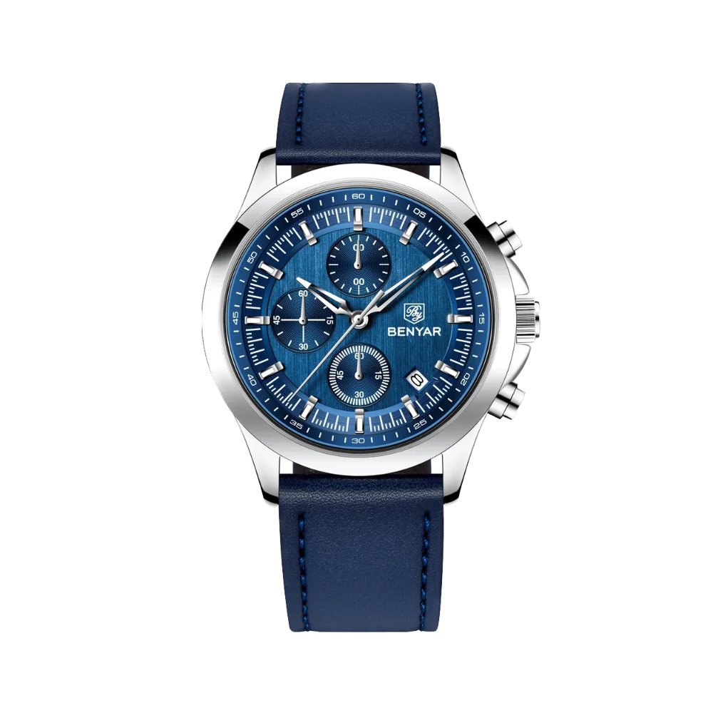 BENYAR BYâ€‘5210 Quartz Chronograph with leather blue dial, detail view