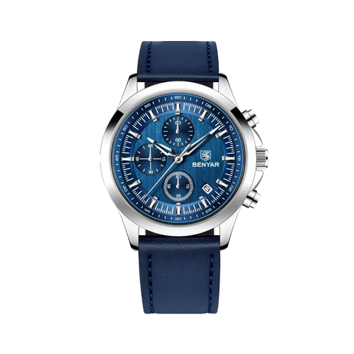 BENYAR BYâ€‘5210 Quartz Chronograph with leather blue dial, detail view