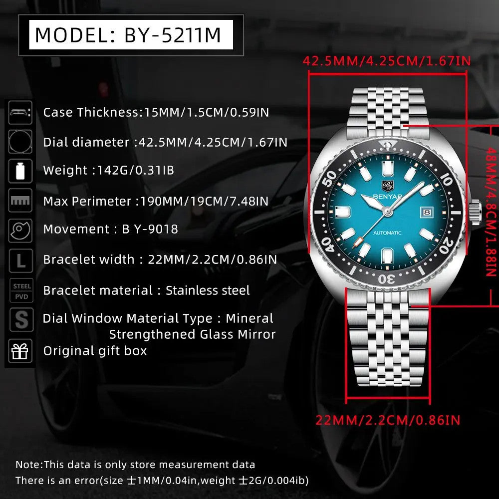 BENYAR BY-5211 42MM Men's Automatic Watch, shown on wrist