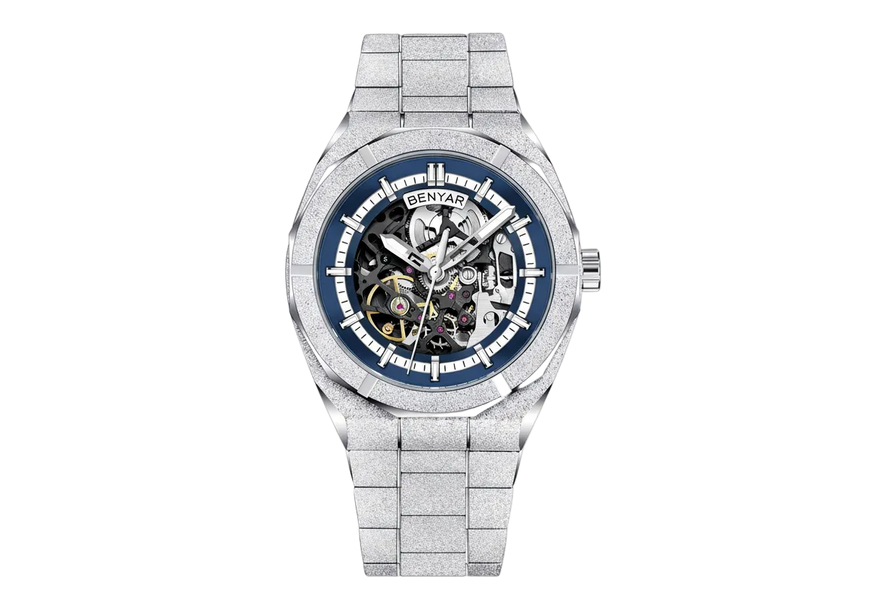 BENYAR BY-5212 Silver Case Blue Dial Hollow Automatic Watch Front View