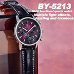 BENYAR BY-5213 chronograph quartz watch feature graphic with burgundy dial and black leather strap