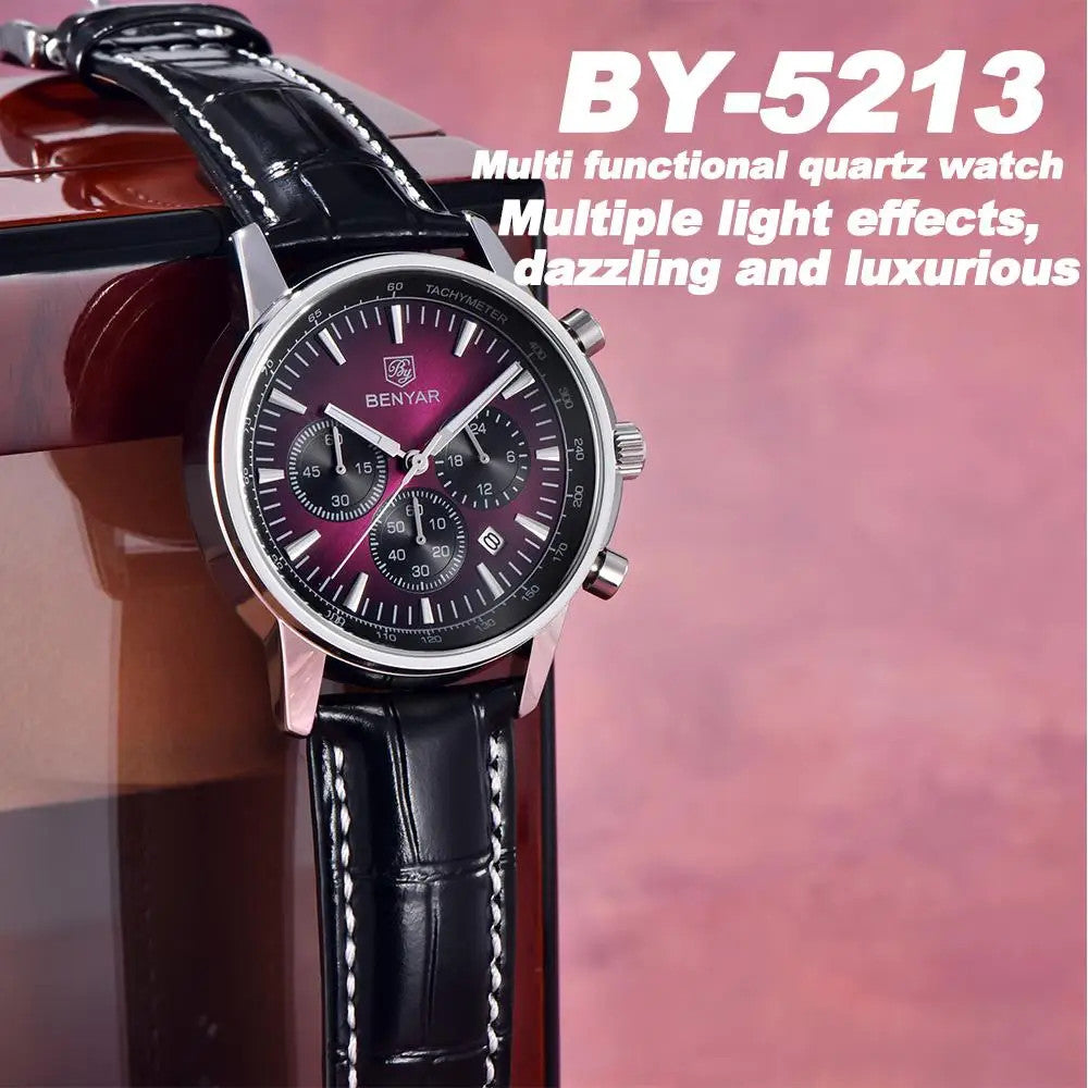 BENYAR BY-5213 chronograph quartz watch feature graphic with burgundy dial and black leather strap