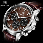 BENYAR BY-5213 chronograph quartz watch with brown dial and brown leather strap side angle