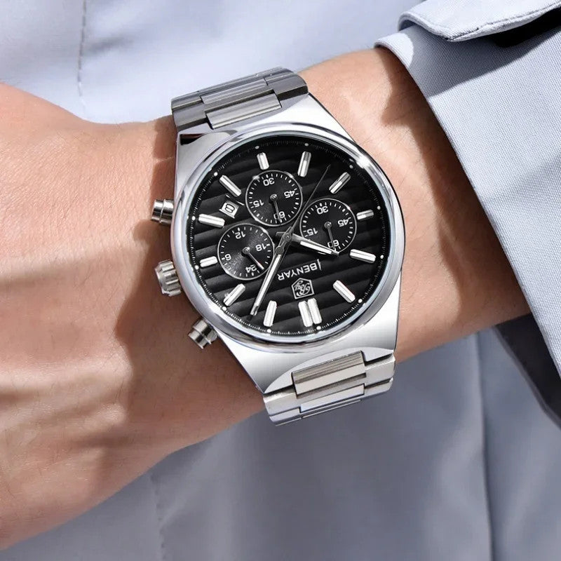 BENYAR BY-5214M sports chronograph quartz watch with black dial worn on wrist with light blue shirt cuff