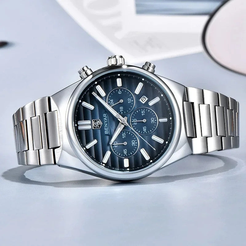 BENYAR BY-5214M sports chronograph quartz watch with blue dial and stainless steel bracelet front view