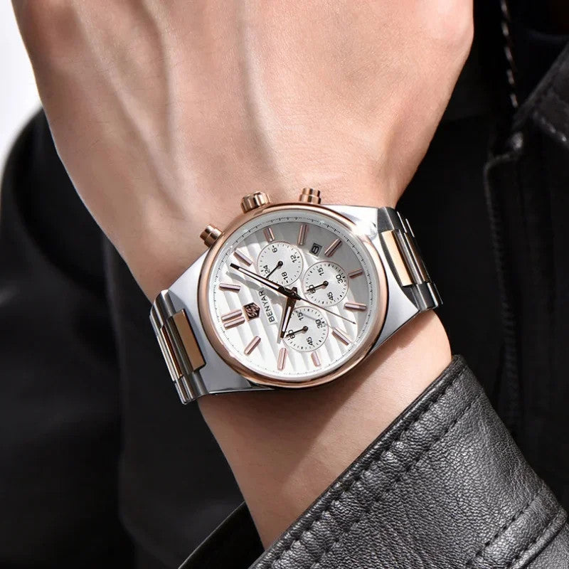 BENYAR BY-5214M chronograph watch with white dial rose gold accents worn on wrist with black leather jacket