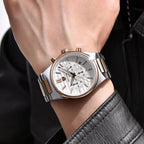 BENYAR BY-5214M chronograph watch with white dial rose gold accents worn on wrist with black leather jacket