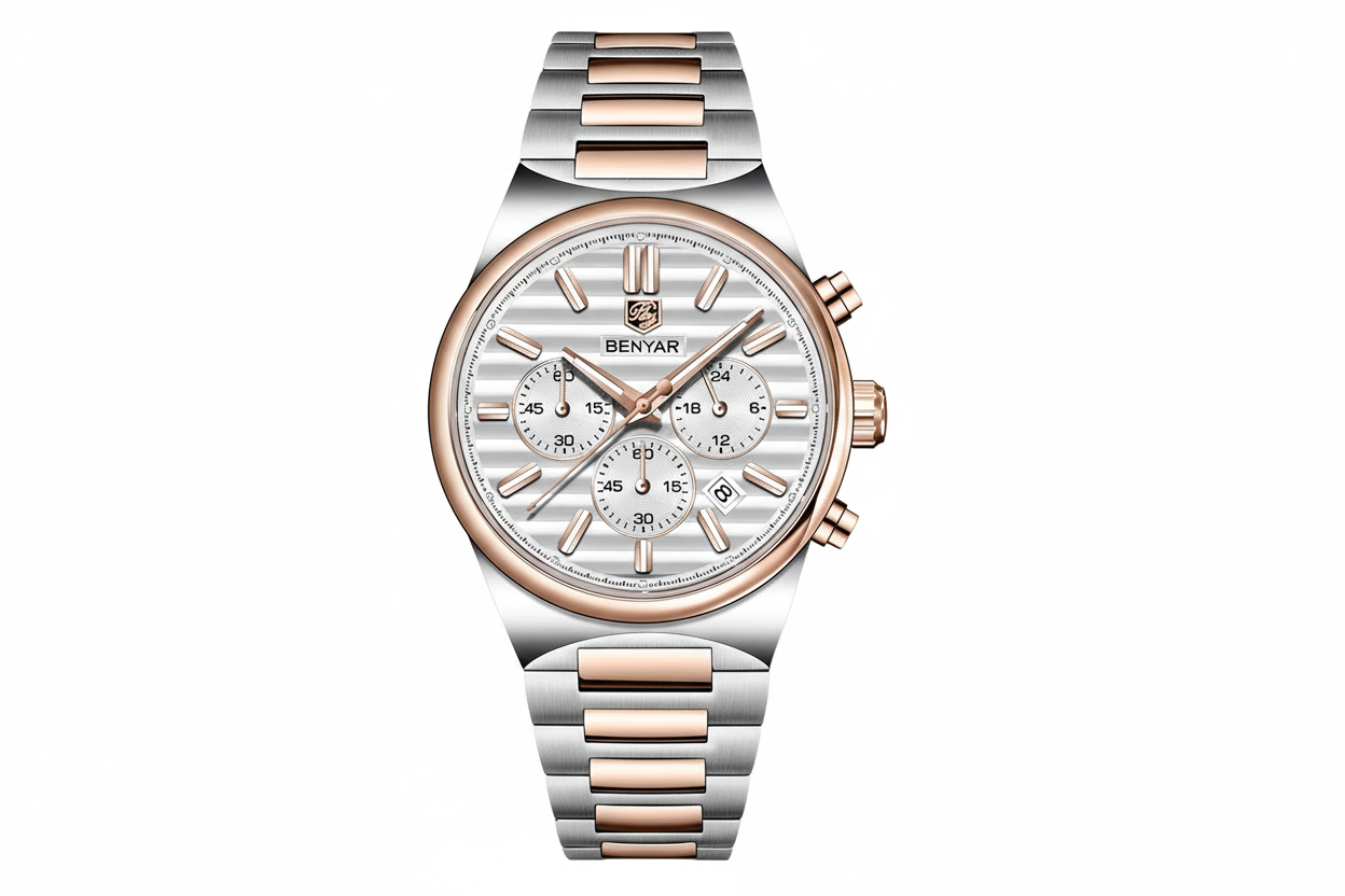 BENYAR BY-5214M Men Watch  Quartz Sports Chronograph with gold white dial, detail view