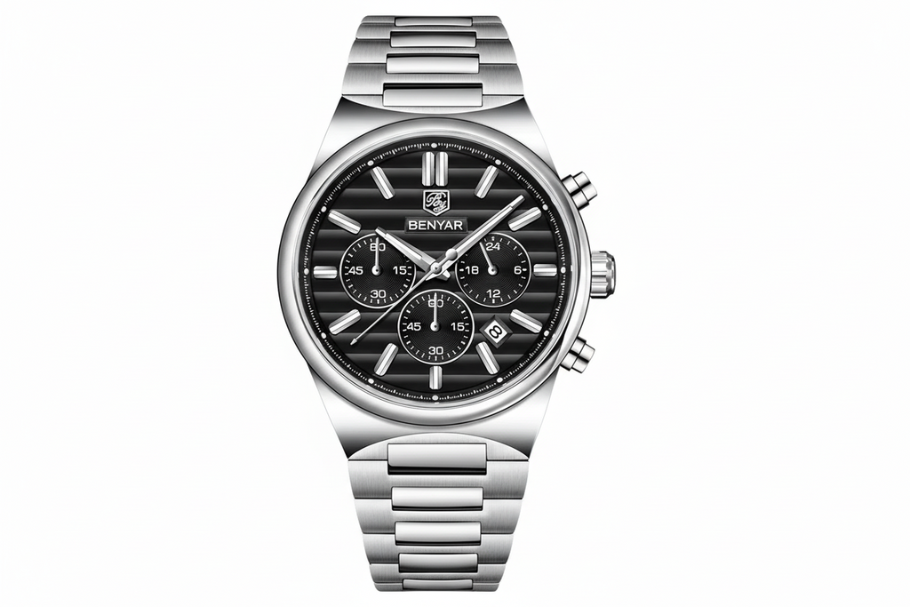 BENYAR BY-5214M sports chronograph watch with black dial and steel bracelet front view