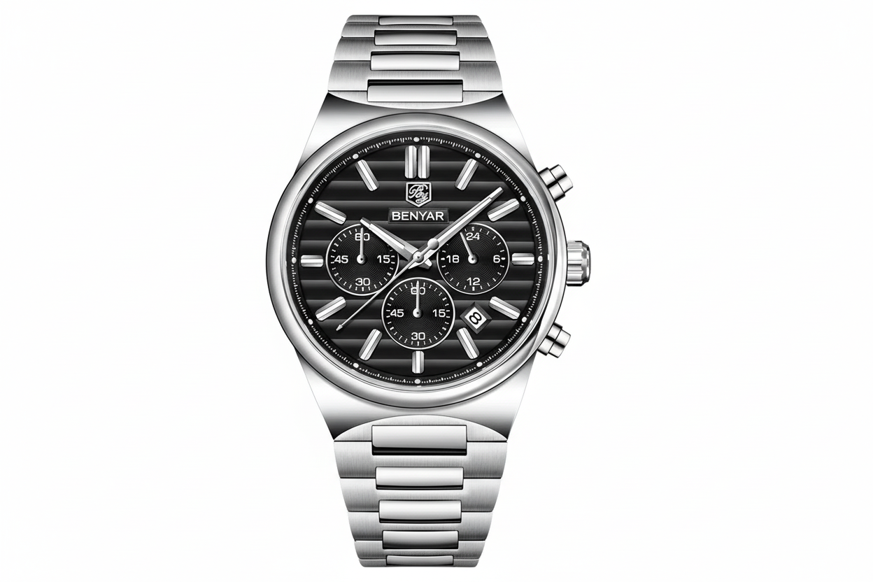 BENYAR BY-5214M sports chronograph watch with black dial and steel bracelet front view