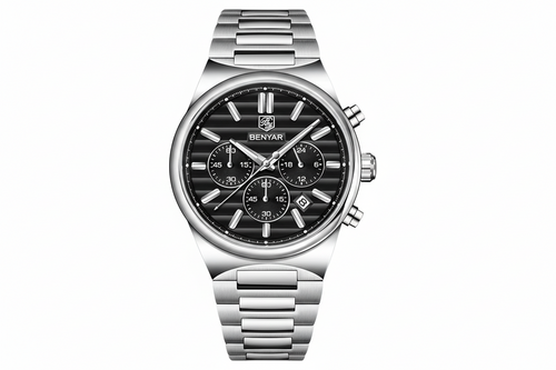 BENYAR BY-5214M sports chronograph watch with black dial and steel bracelet front view