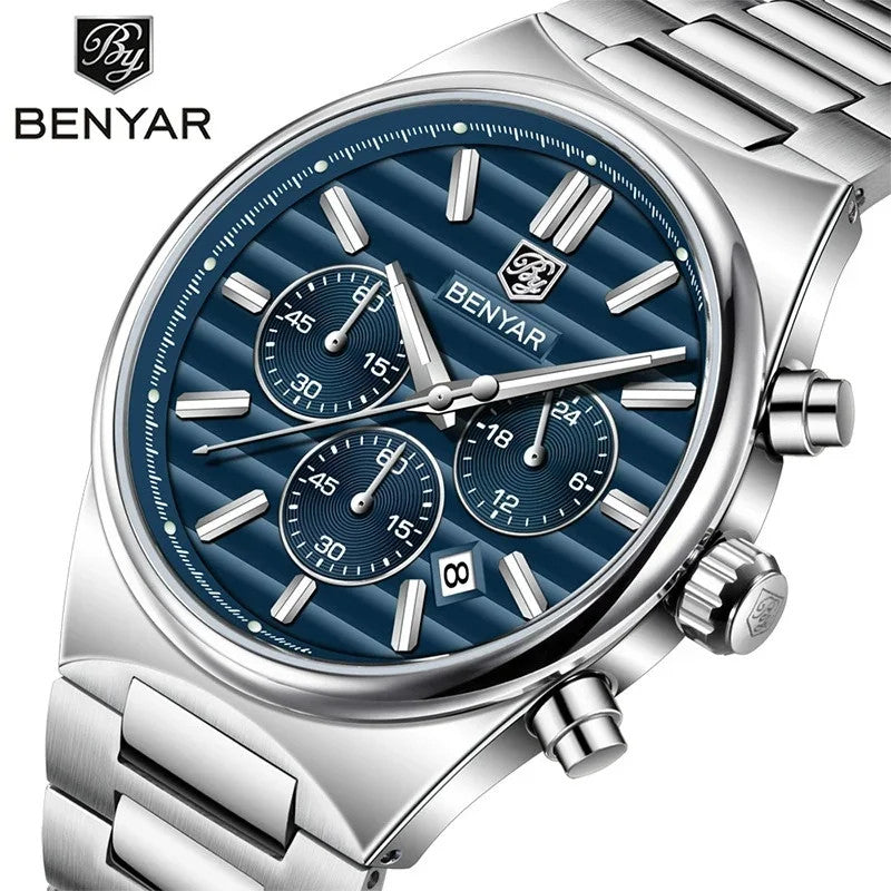 BENYAR BY-5214M sports chronograph watch with blue dial and steel bracelet front view