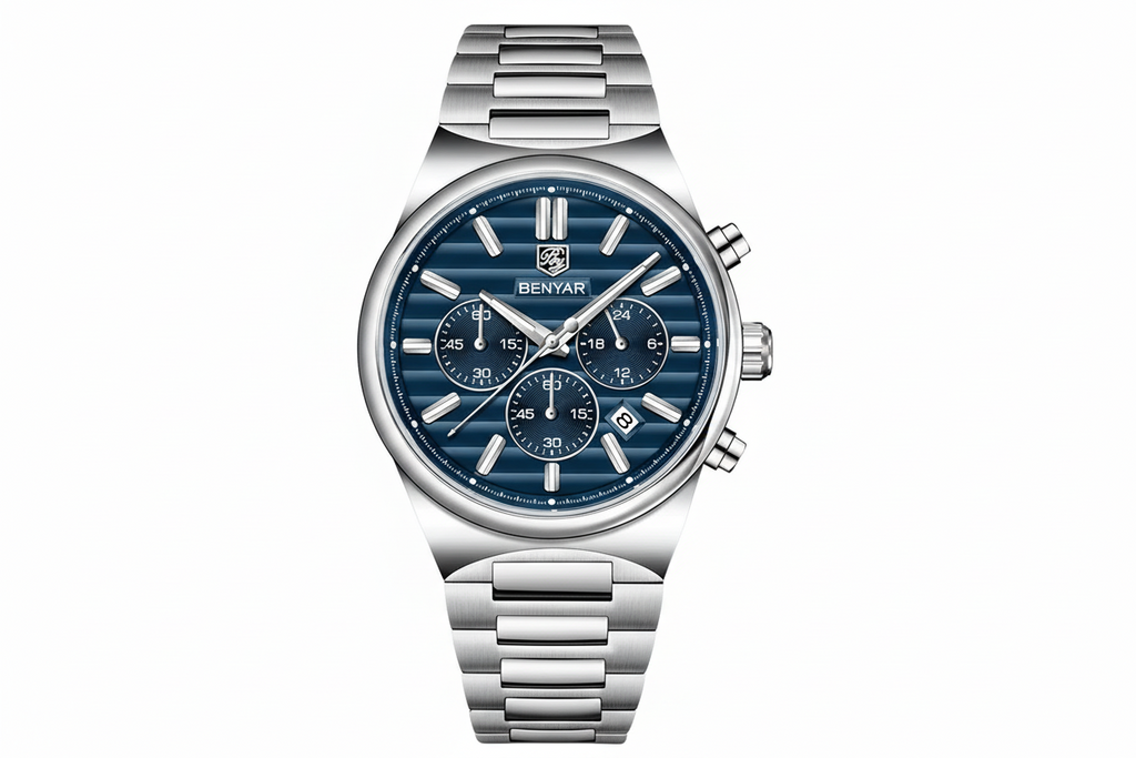 BENYAR BY-5214M sports chronograph watch with blue dial and steel bracelet front view