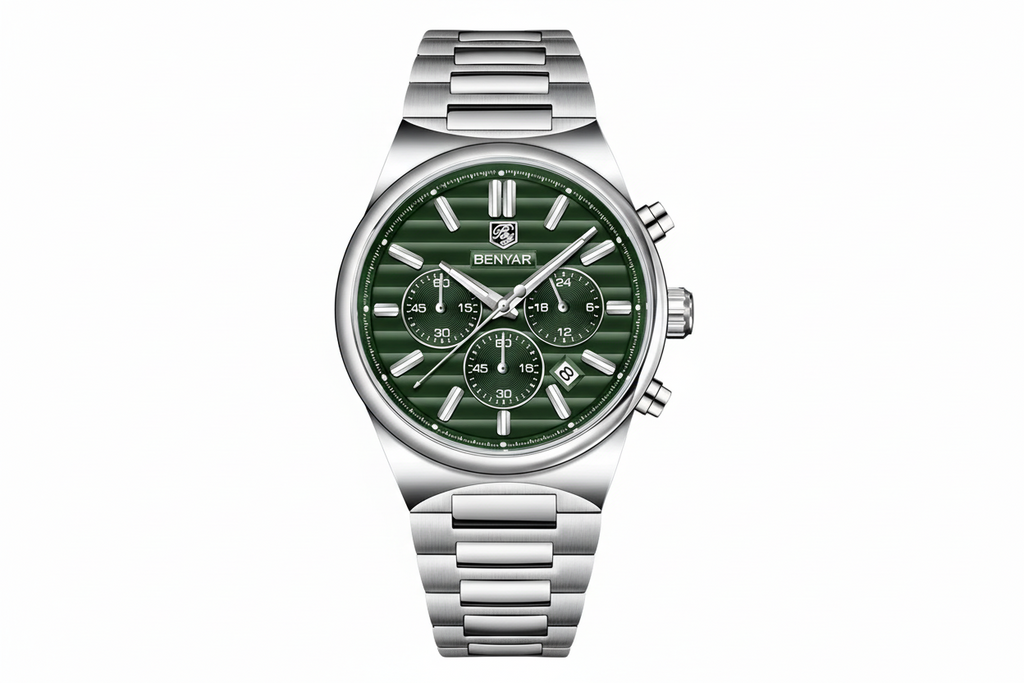 BENYAR BY-5214M sports chronograph watch with green dial and steel bracelet front view