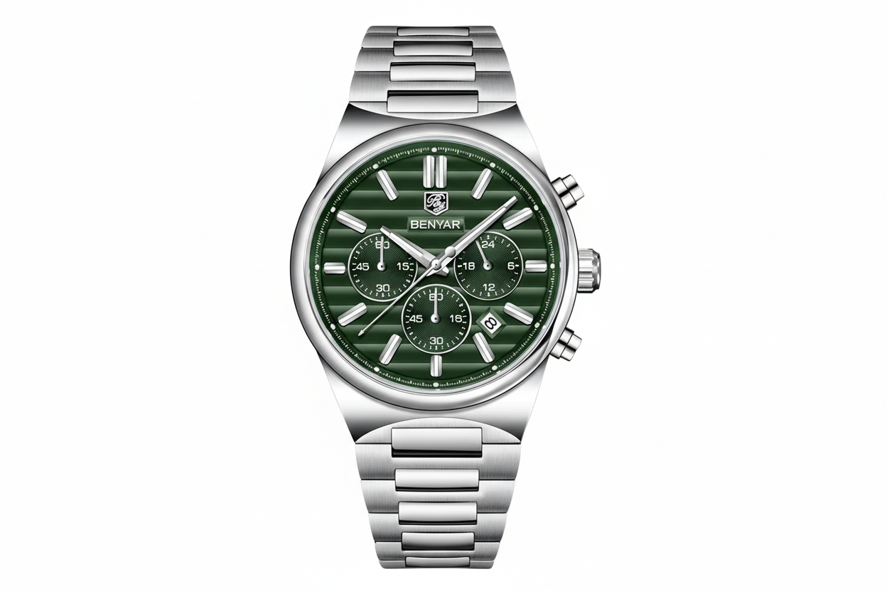 BENYAR BY-5214M sports chronograph watch with green dial and steel bracelet front view