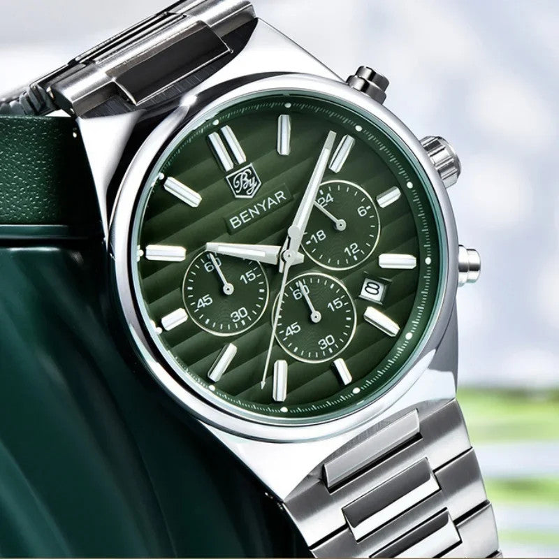 BENYAR BY-5214M sports chronograph watch with green dial and steel bracelet outdoor lifestyle scene