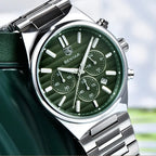 BENYAR BY-5214M sports chronograph watch with green dial and steel bracelet outdoor lifestyle scene
