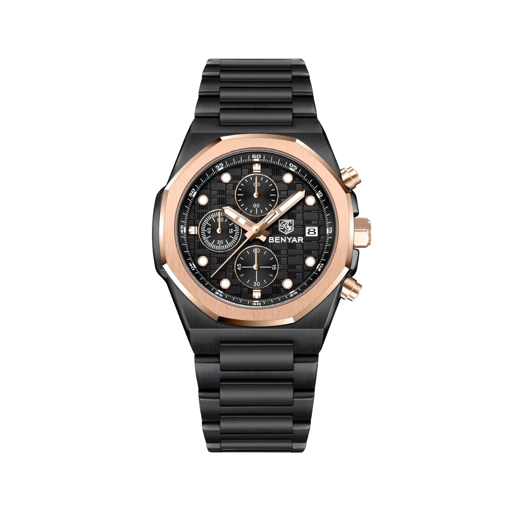 BENYAR BYâ€‘5216 Chronograph with all black dial, detail view
