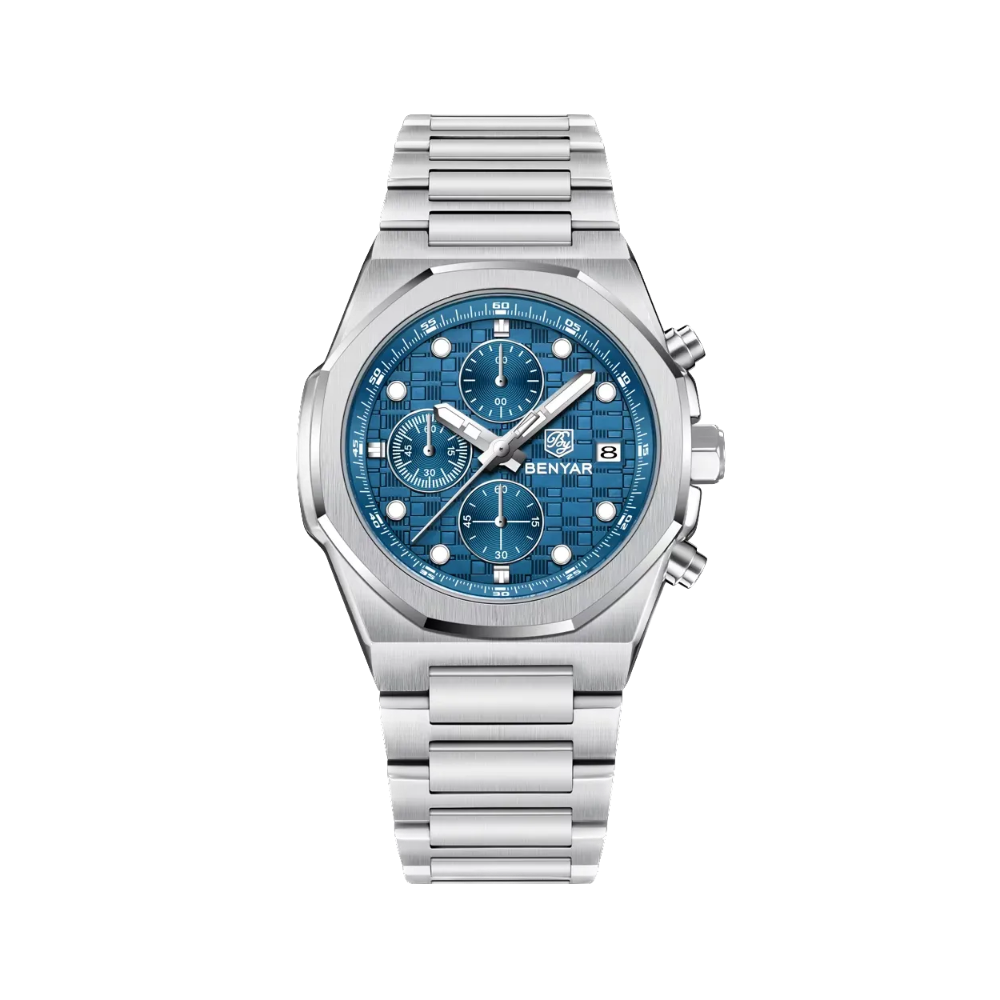 BENYAR BYâ€‘5216 Chronograph with blue dial, angled view