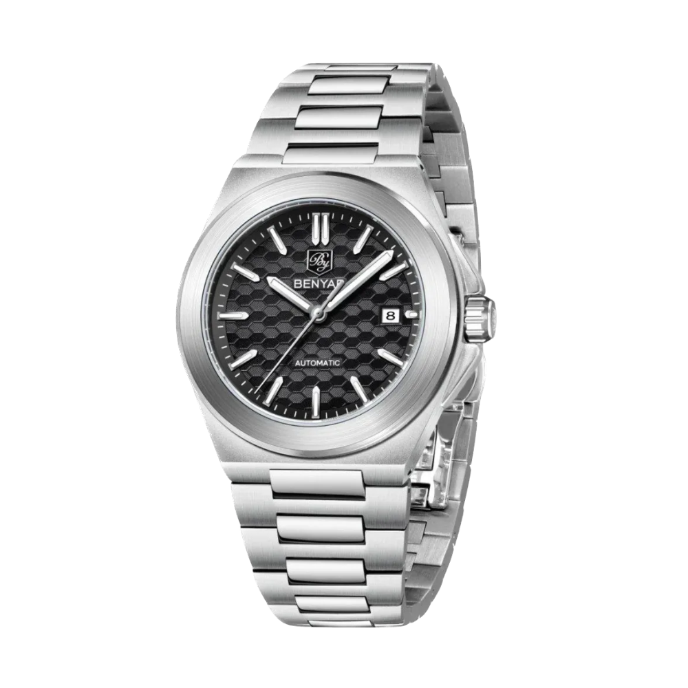 BENYAR BY-5219M sports automatic watch with black textured dial and steel bracelet front view