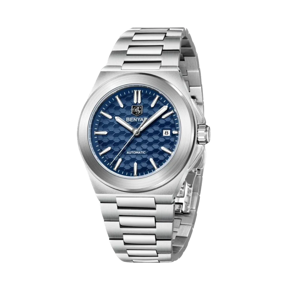 BENYAR BY-5219M automatic sports watch with blue textured dial and steel bracelet front view